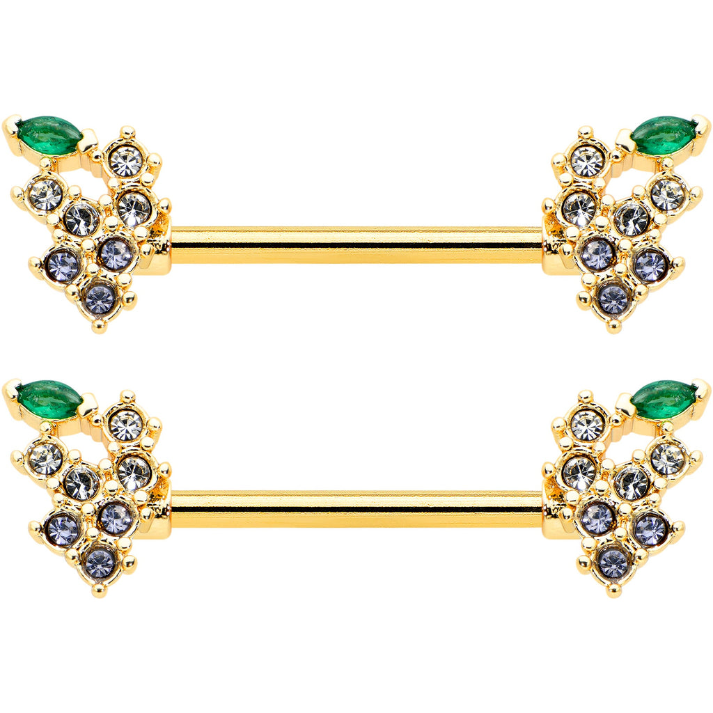 14G 9/16 Clear CZ Gem Gold Tone Bunch Grapes Nipple Ring Set