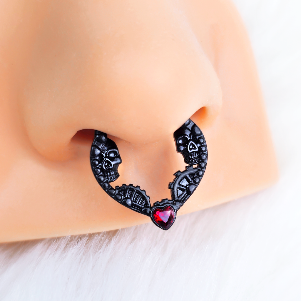 16G 5/16 Red Gem Black Steampunk Skeleton Heart Cartilage Clicker