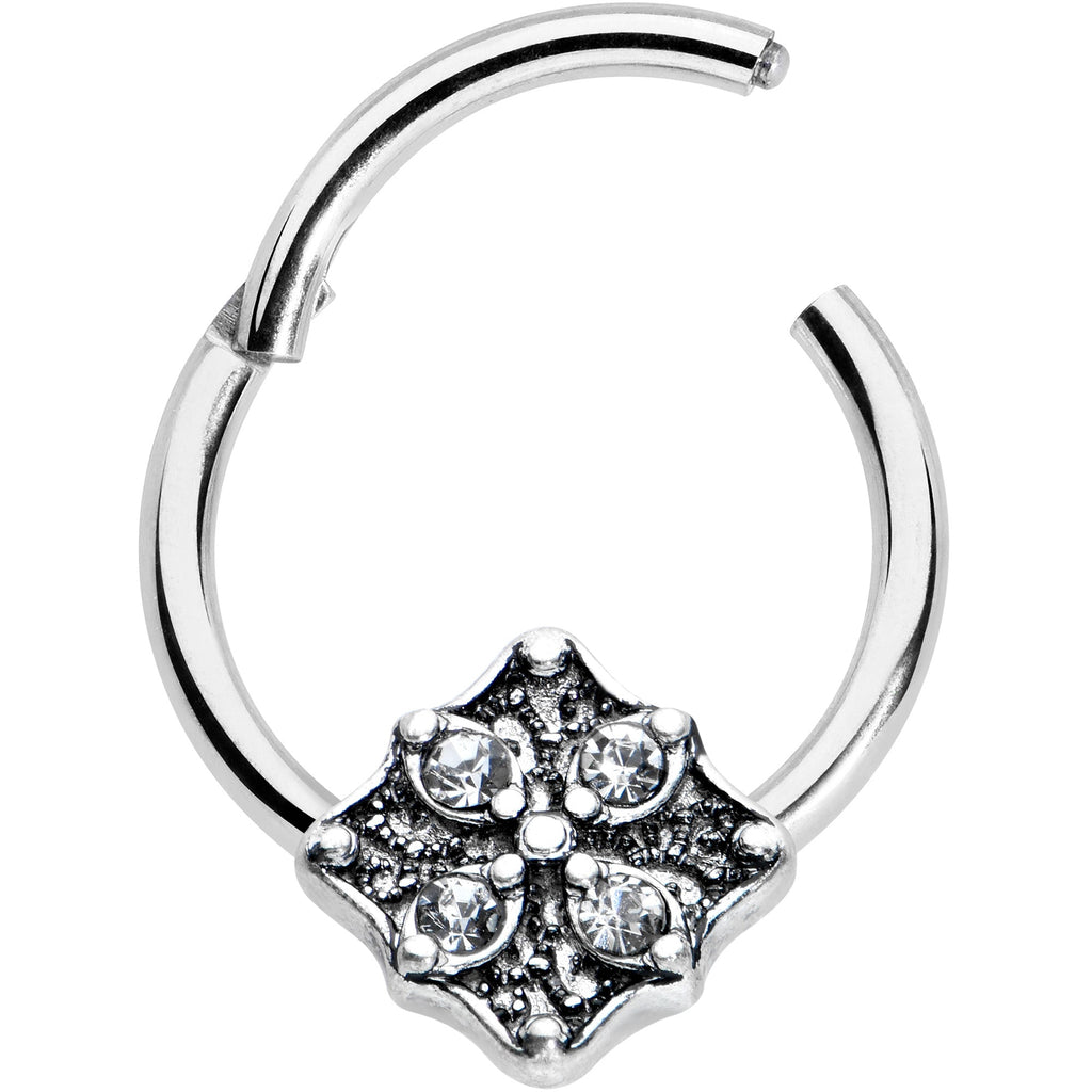16G 3/8 Clear Gem Rhombus Flower Hinged Segment Ring