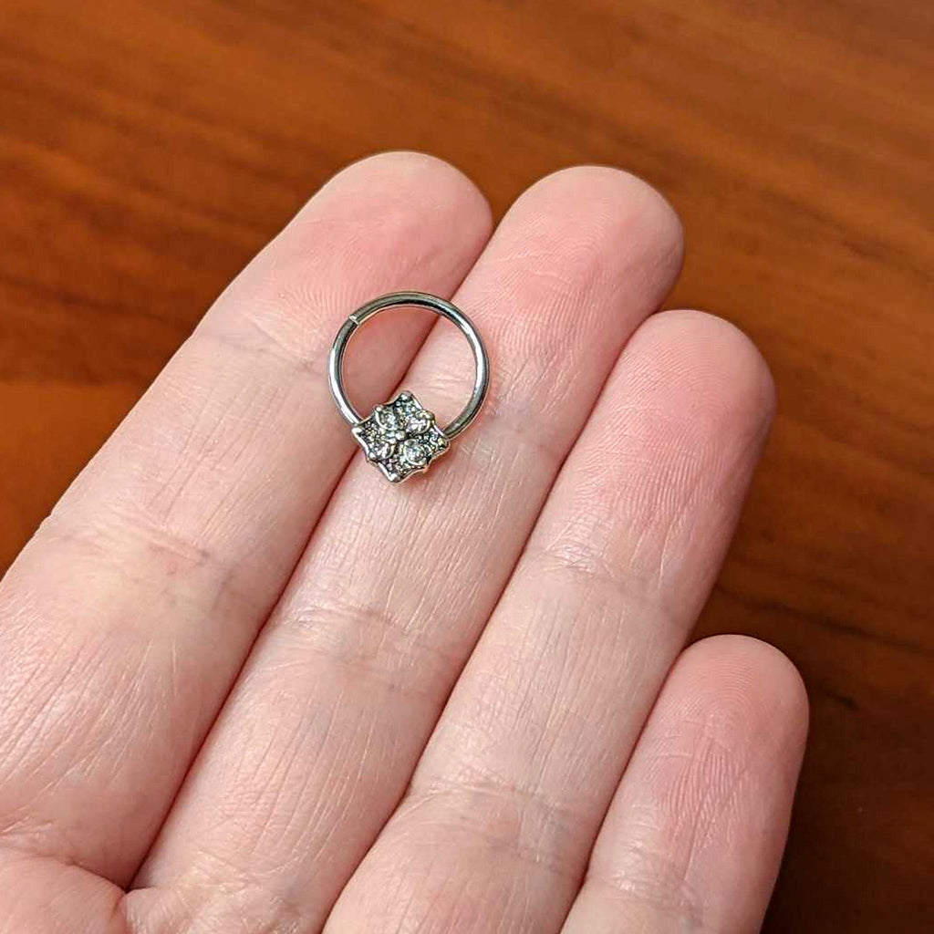 16G 3/8 Clear Gem Rhombus Flower Hinged Segment Ring