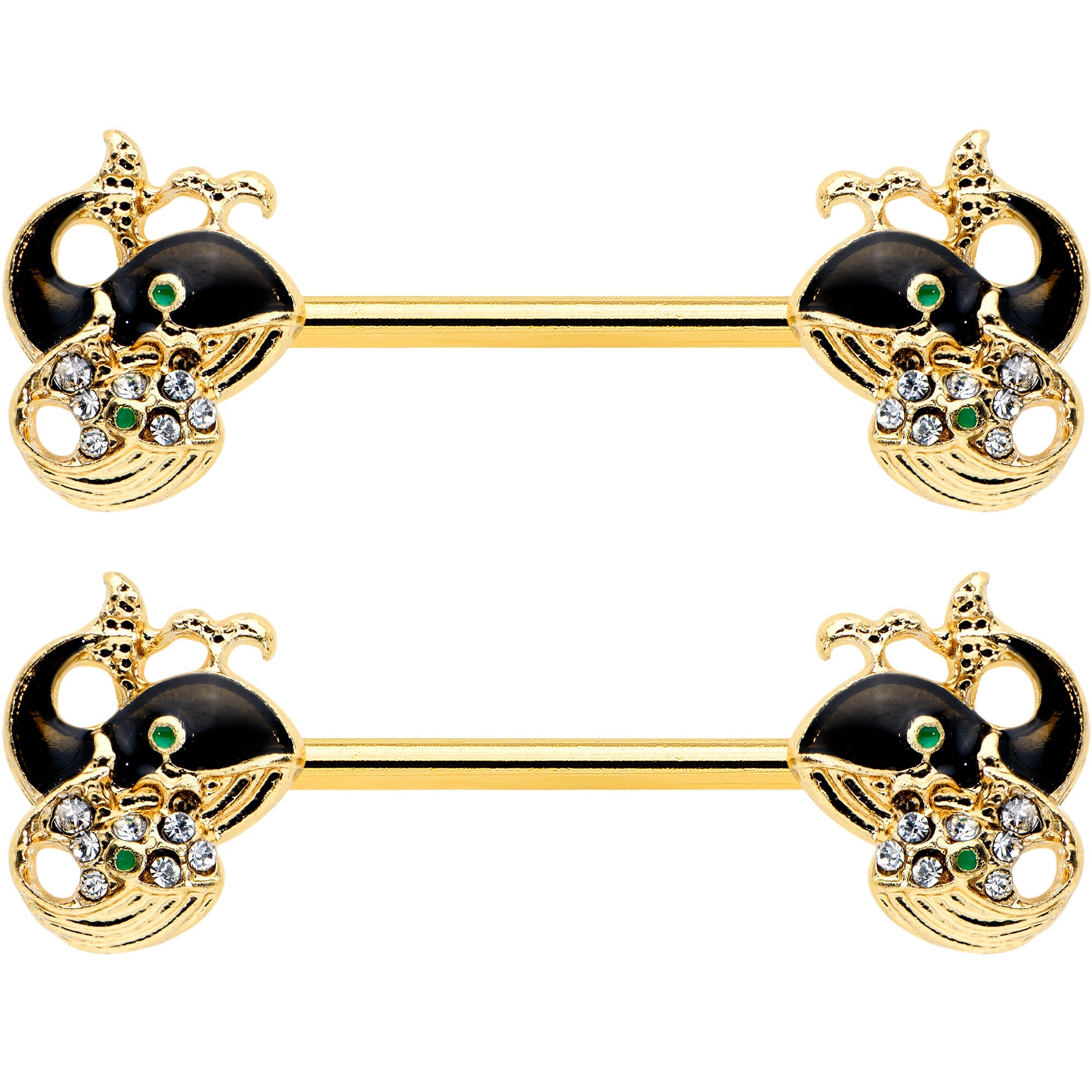 14G 9/16 Clear Gem Gold Tone Mom Baby Whale Nipple Ring Set