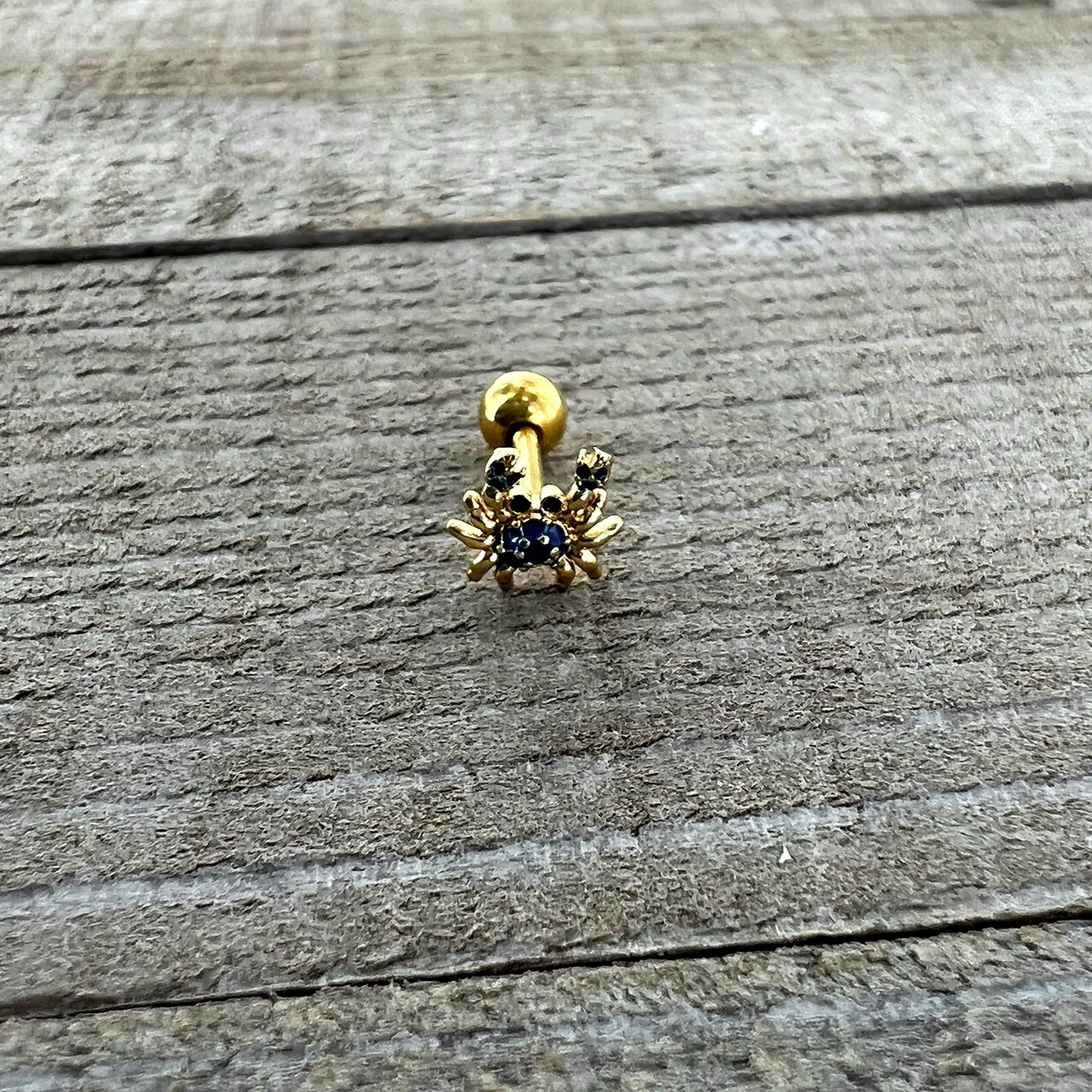 16G 1/4 Gold Tone Blue Crab Nautical Cartilage Tragus Earring