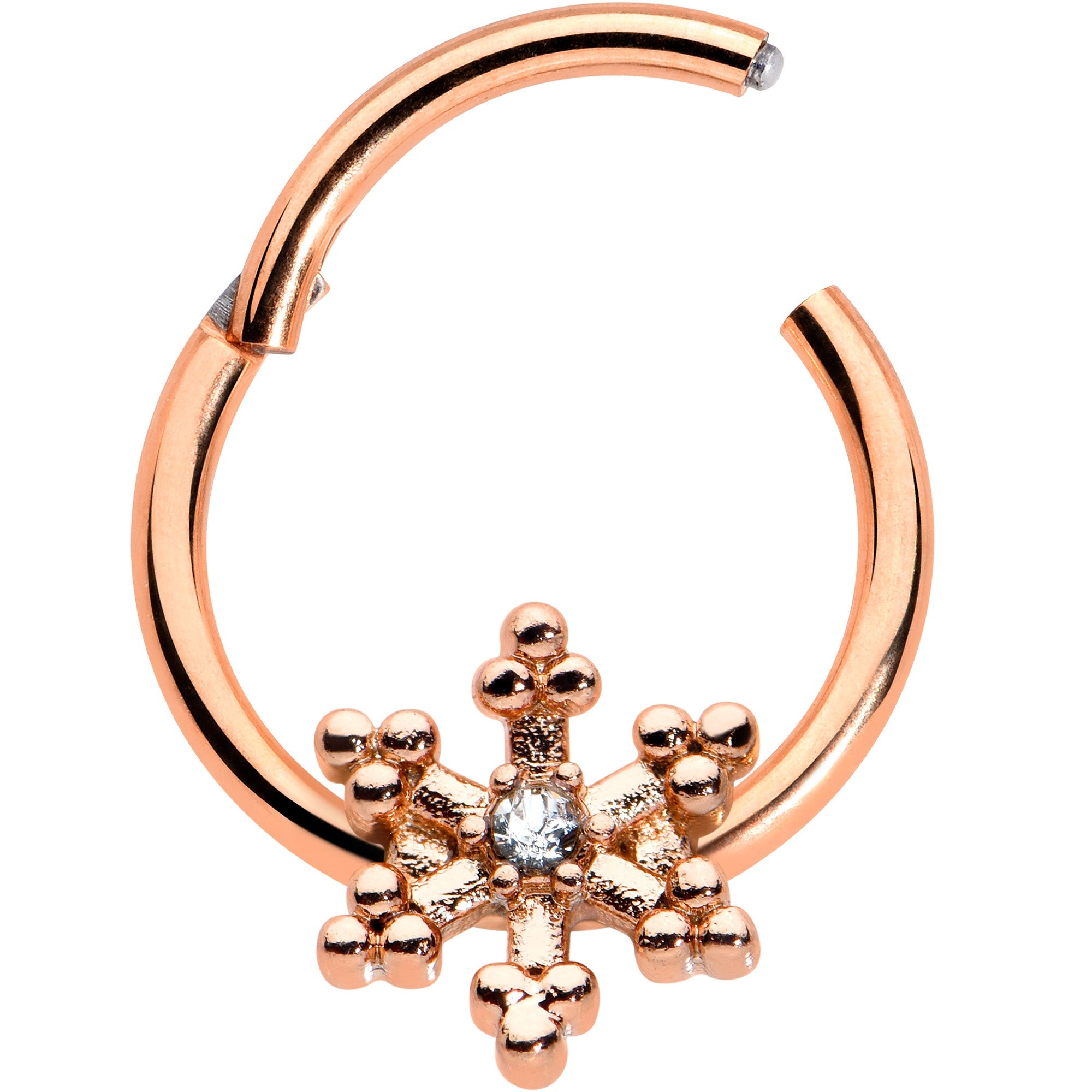 16G 3/8 Clear Gem Rose Gold Tone Snowflake Hinged Segment Ring