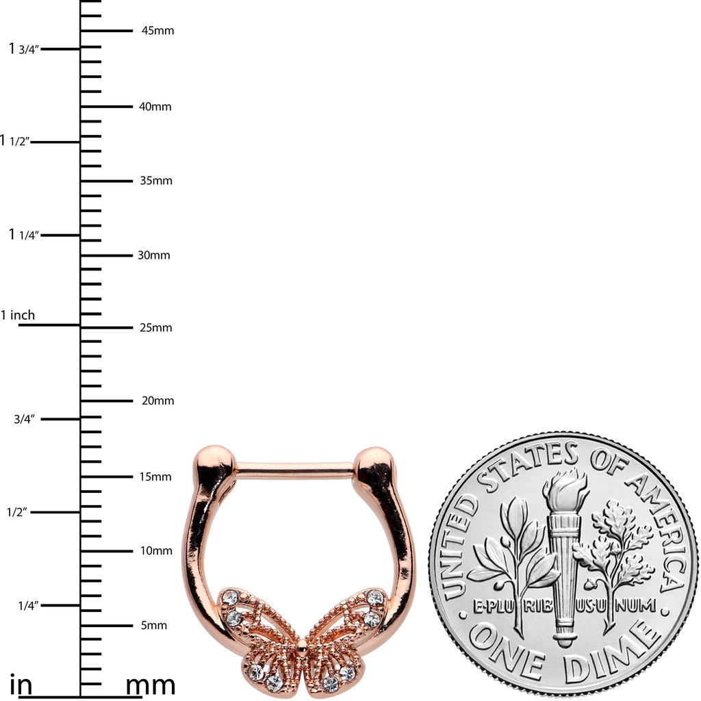 16G 5/16 Clear Gem Rose Gold Hue Airy Butterfly Cartilage Clicker