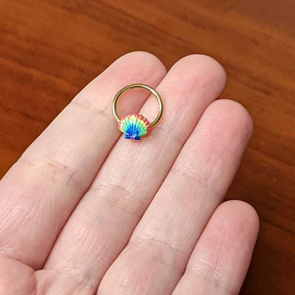 16G 3/8 Gold Tone Rainbow Scallop Shell Hinged Segment Ring