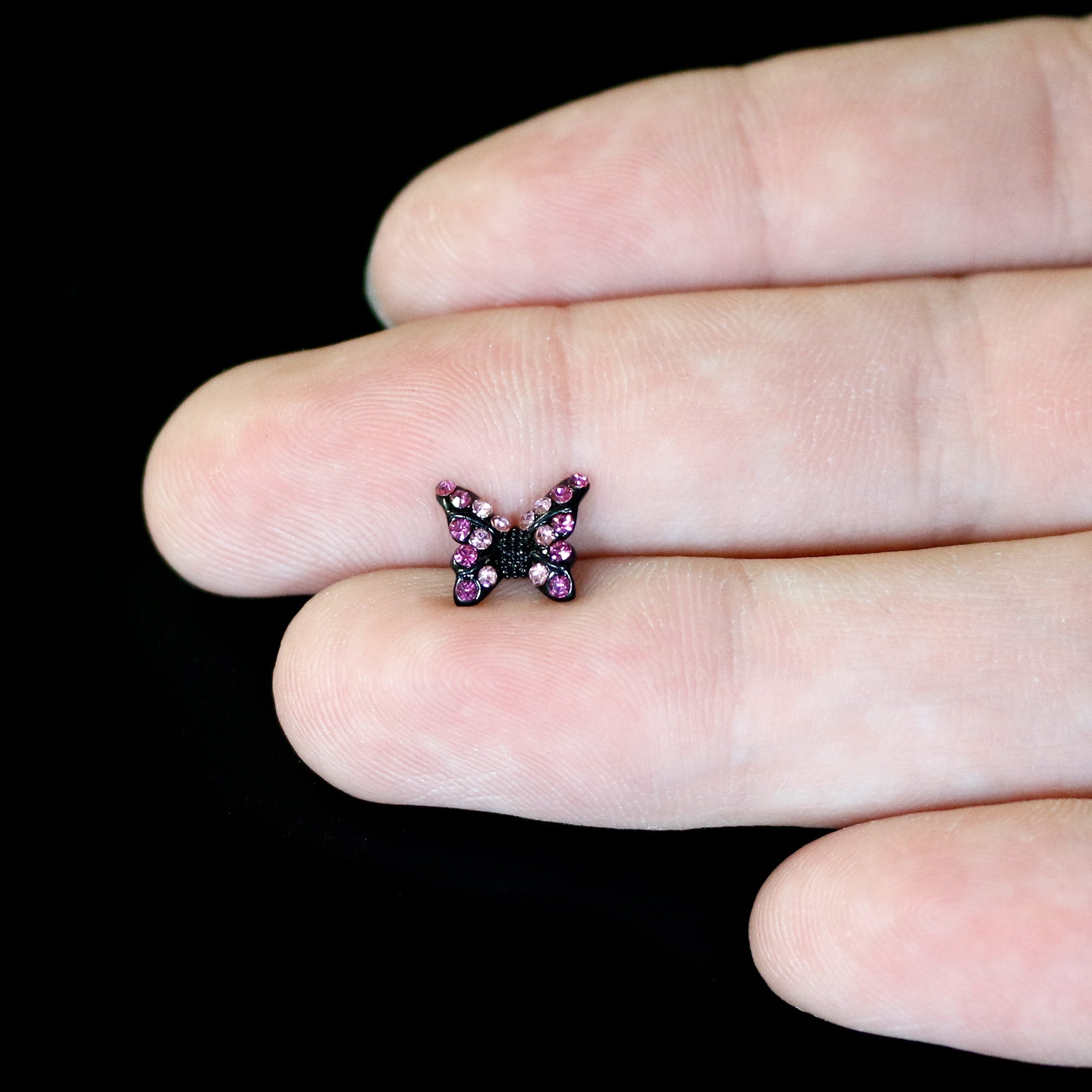 16G 1/4 Pink Gem Black Midnight Butterfly Labret
