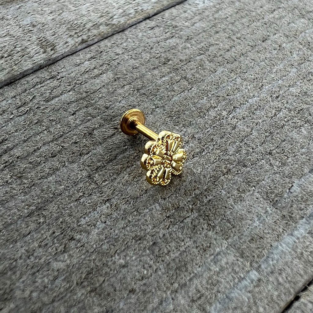 16G 1/4 Yellow Gem Gold Tone Textured Cross Labret