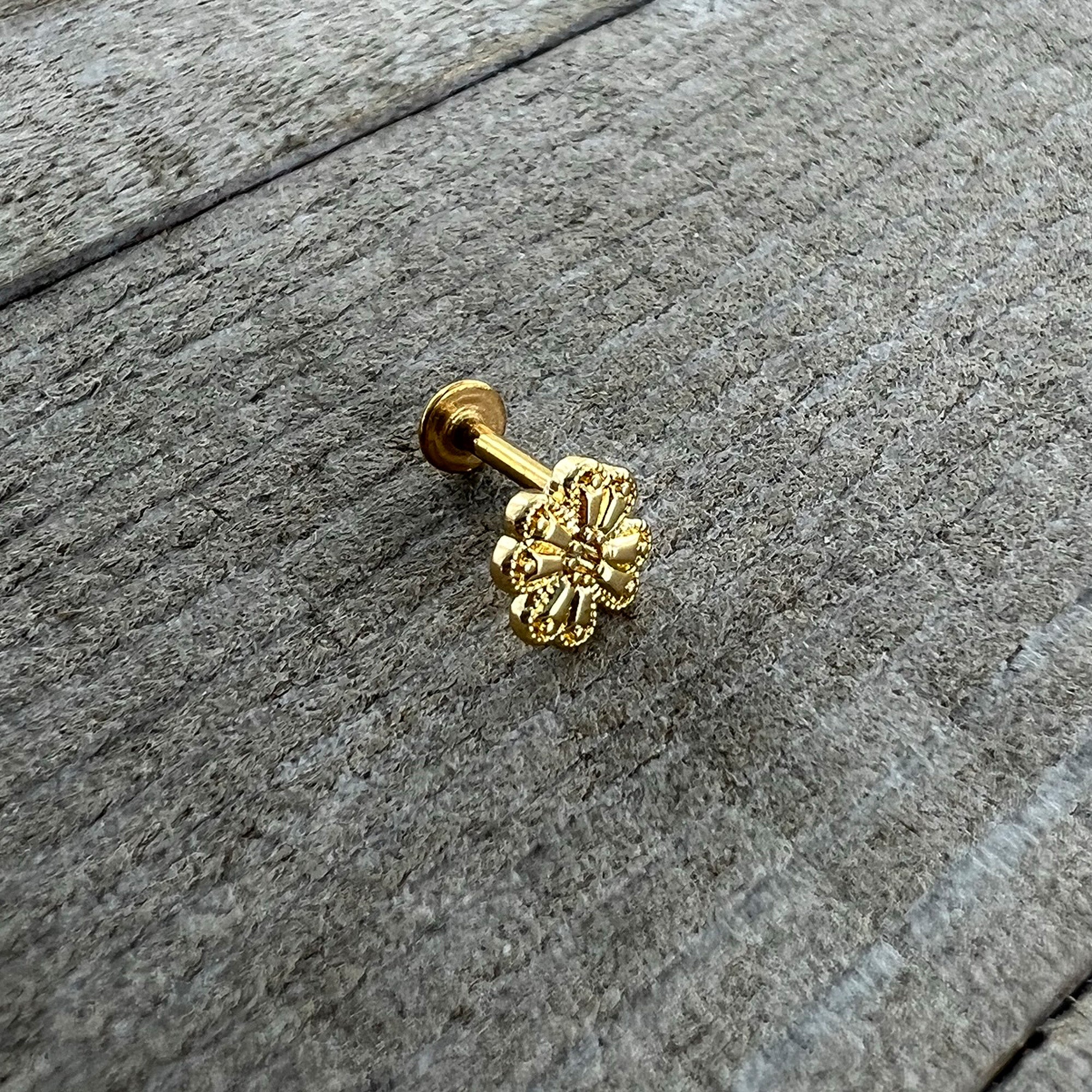 16G 1/4 Yellow Gem Gold Tone Textured Cross Labret