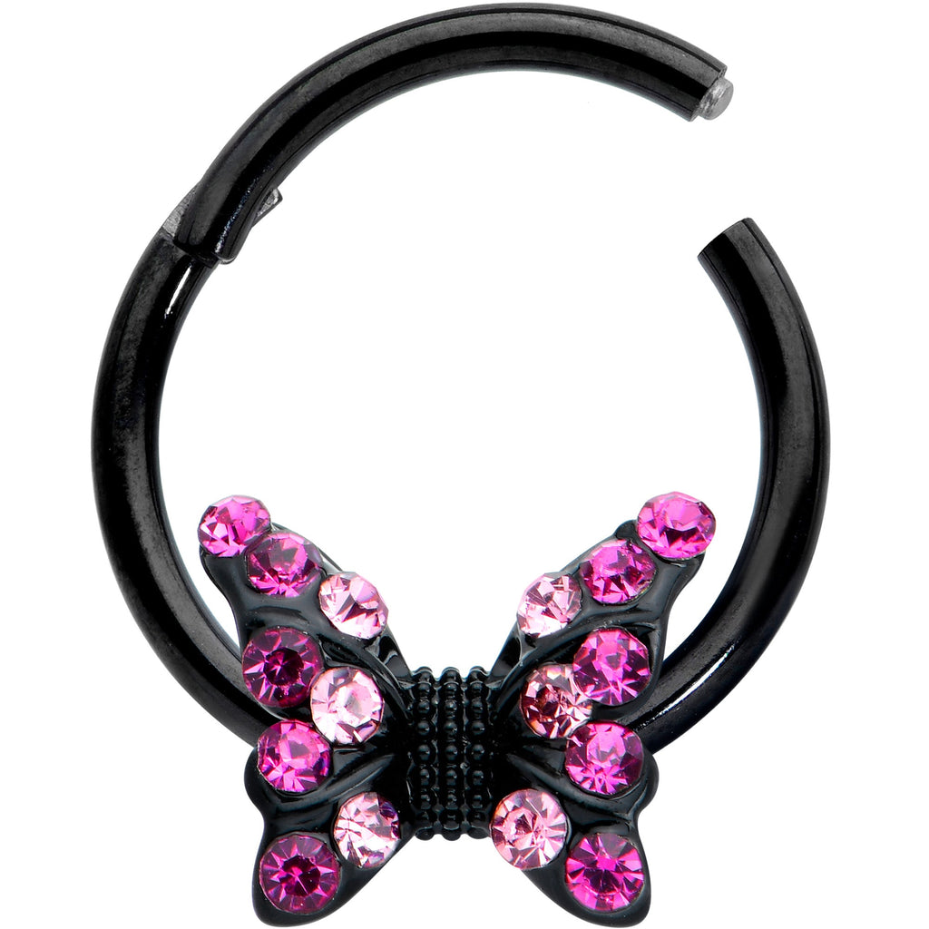 16G 3/8 Pink Gem Black Midnight Butterfly Hinged Segment Ring