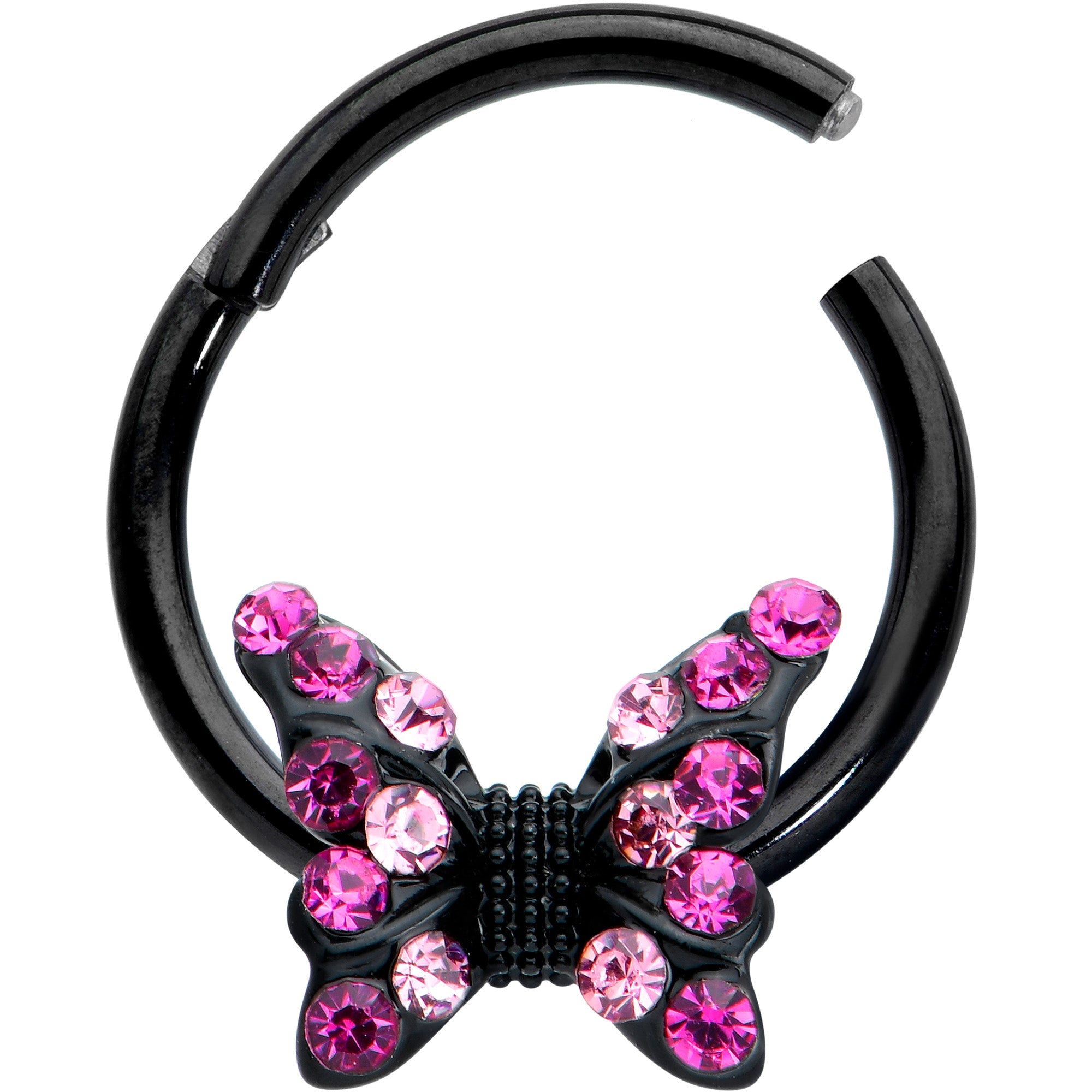 16G 3/8 Pink Gem Black Midnight Butterfly Hinged Segment Ring