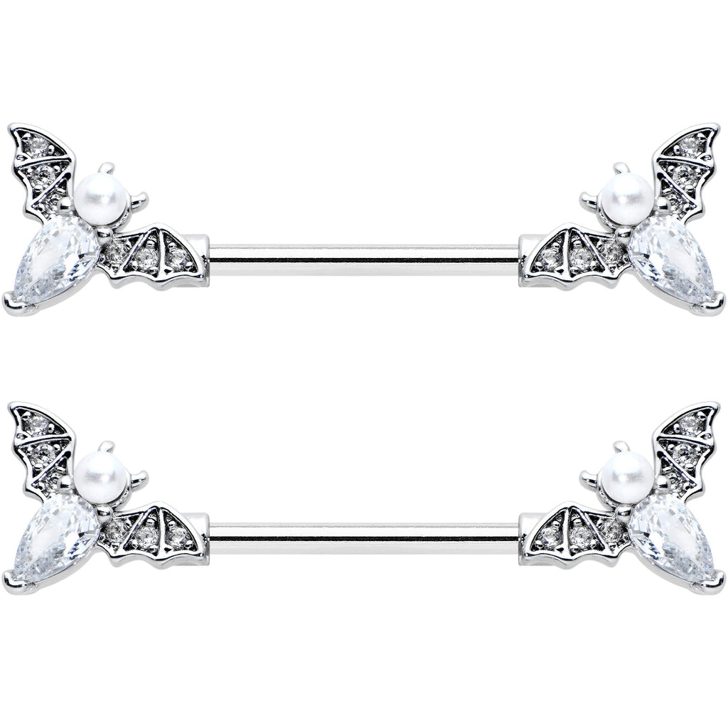 14G 9/16 Clear Gem Flying Bats Halloween Barbell Nipple Ring Set