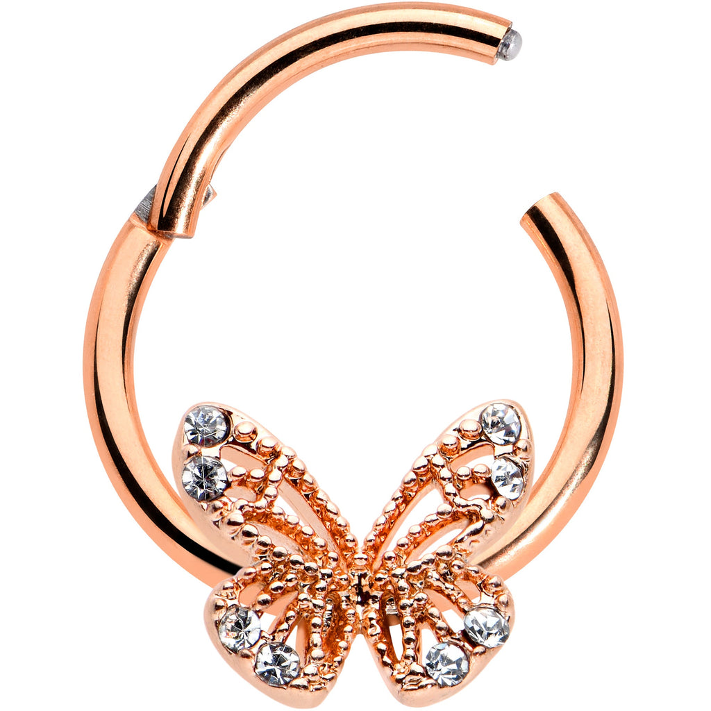 16G 3/8 Clear Gem Rose Gold Hue Air Butterfly Hinged Segment Ring