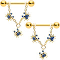 14G 9/16 Black Gem Gold Tone Blue Crab Dangle Nipple Ring Set