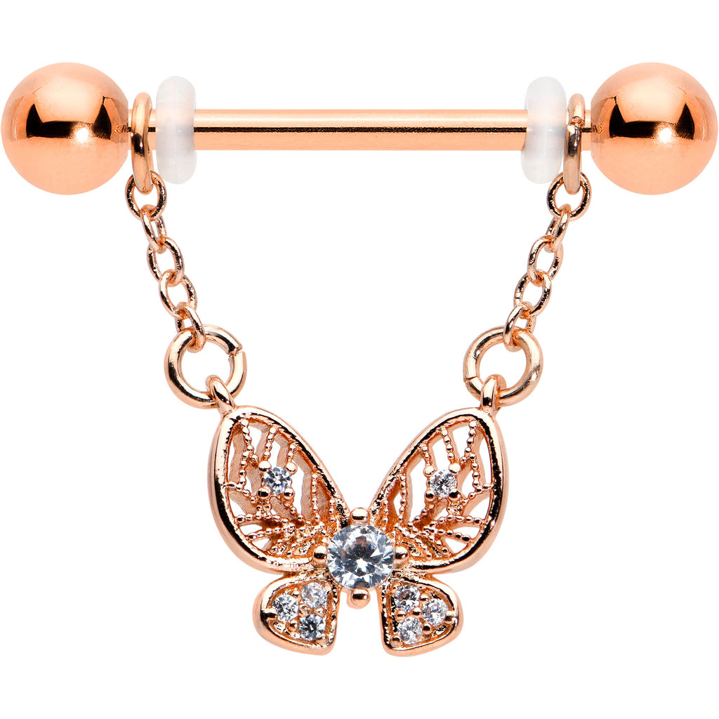 14G 5/8 Clear Gem Rosy Tone Airy Butterfly Dangle Nipple Ring Set