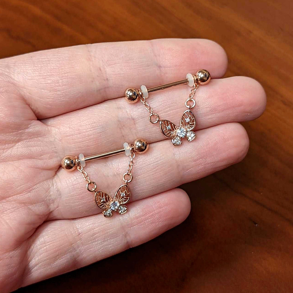 14G 5/8 Clear Gem Rosy Tone Airy Butterfly Dangle Nipple Ring Set