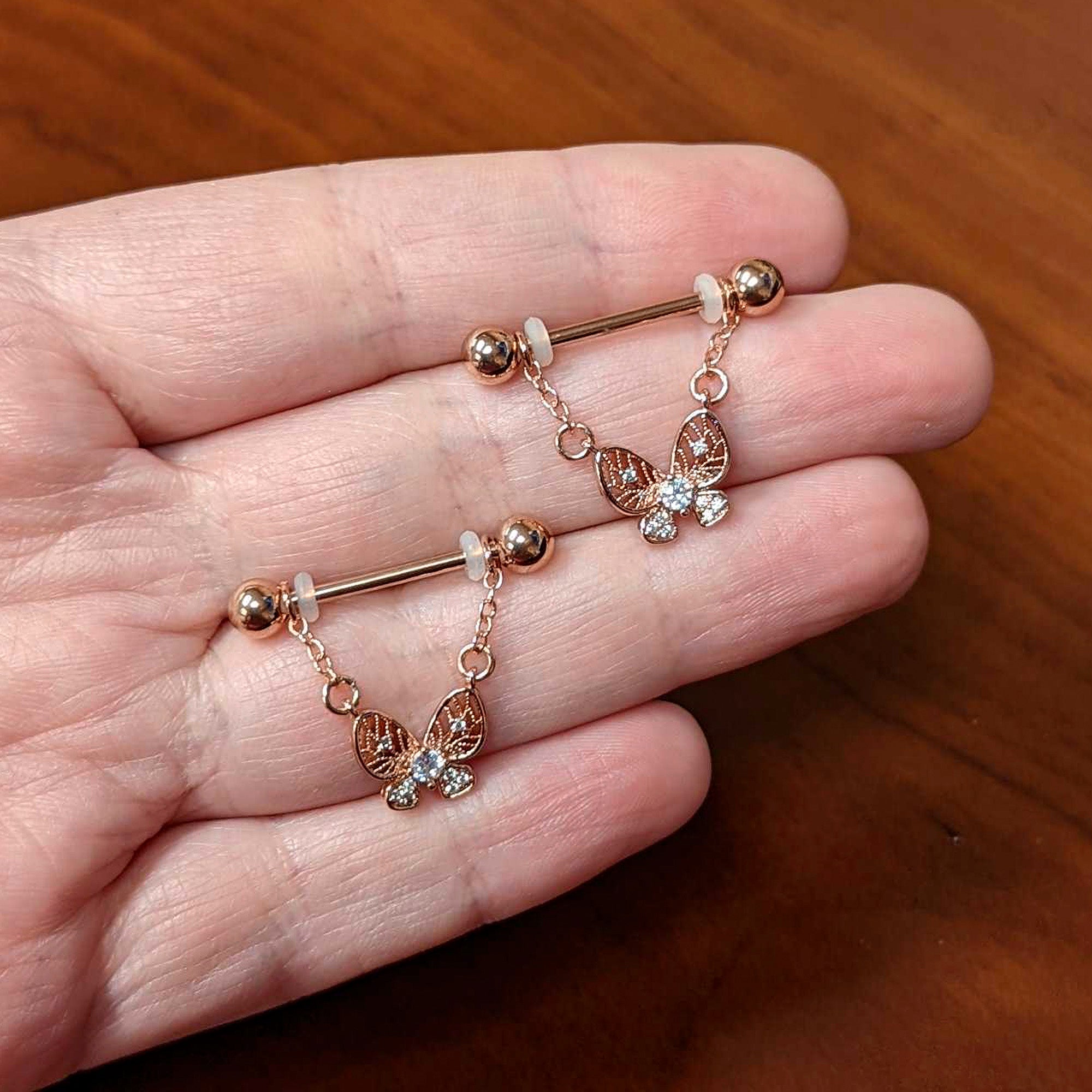14G 5/8 Clear Gem Rosy Tone Airy Butterfly Dangle Nipple Ring Set