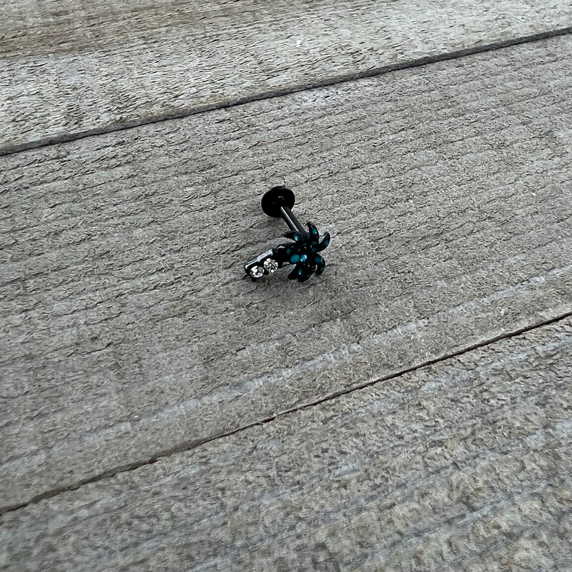 16G 5/16 Clear Gem Black Night Palm Tree Dangle Labret Tragus
