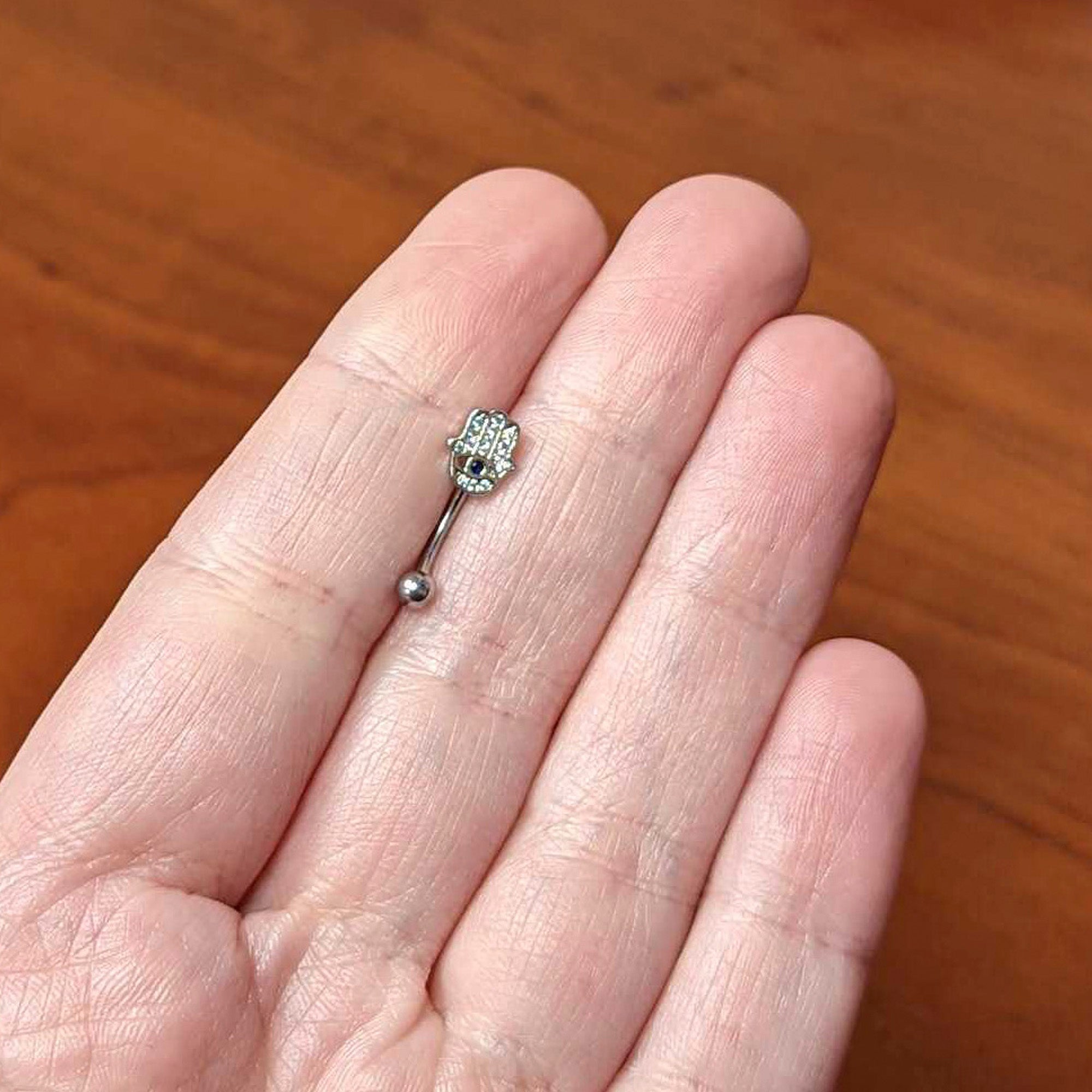 16G 5/16 Clear Blue Gem Eye Hamsa Hand Curved Eyebrow Ring