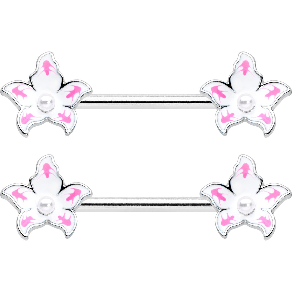 14G 9/16 Pearlescent Orb Pink White Flower Barbell Nipple Ring Set