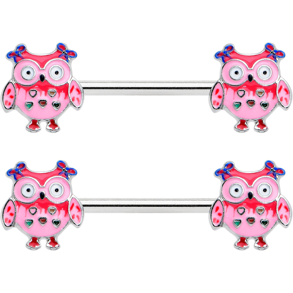 14G 9/16 Bow Pink Heart Owls Barbell Nipple Ring Set