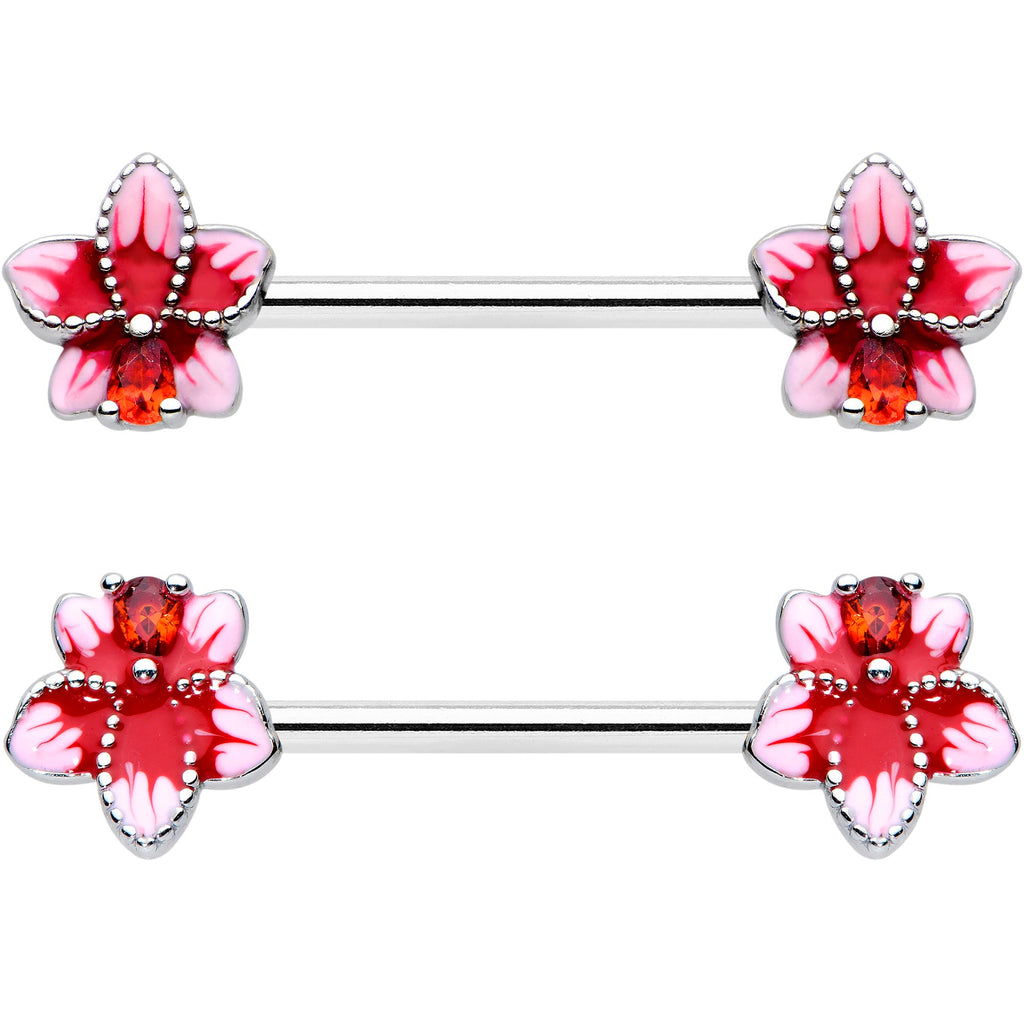 14G 9/16 Red Gem Tropical Flower Barbell Nipple Ring Set