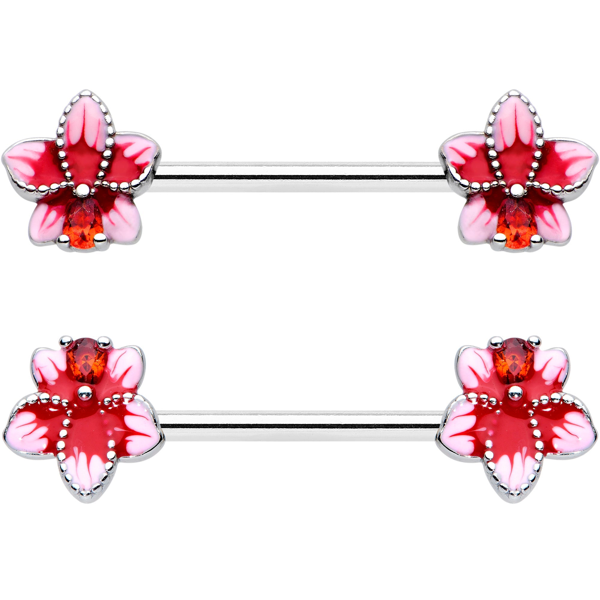 14G 9/16 Red Gem Tropical Flower Barbell Nipple Ring Set