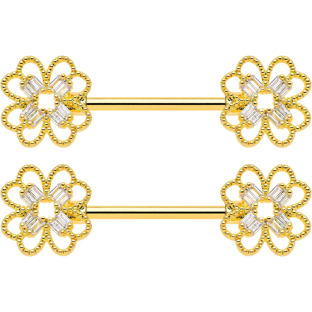 14G 5/8 Clear Gem Gold Tone Texture Cross Barbell Nipple Ring Set