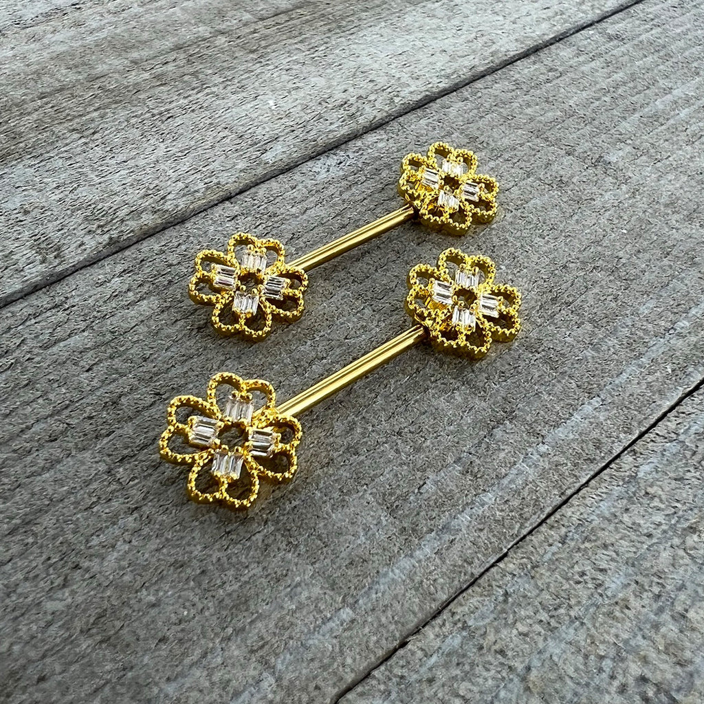 14G 5/8 Clear Gem Gold Tone Texture Cross Barbell Nipple Ring Set