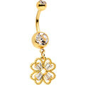 Clear Gem Gold Tone Elegant Textured Shamrock Dangle Belly Ring