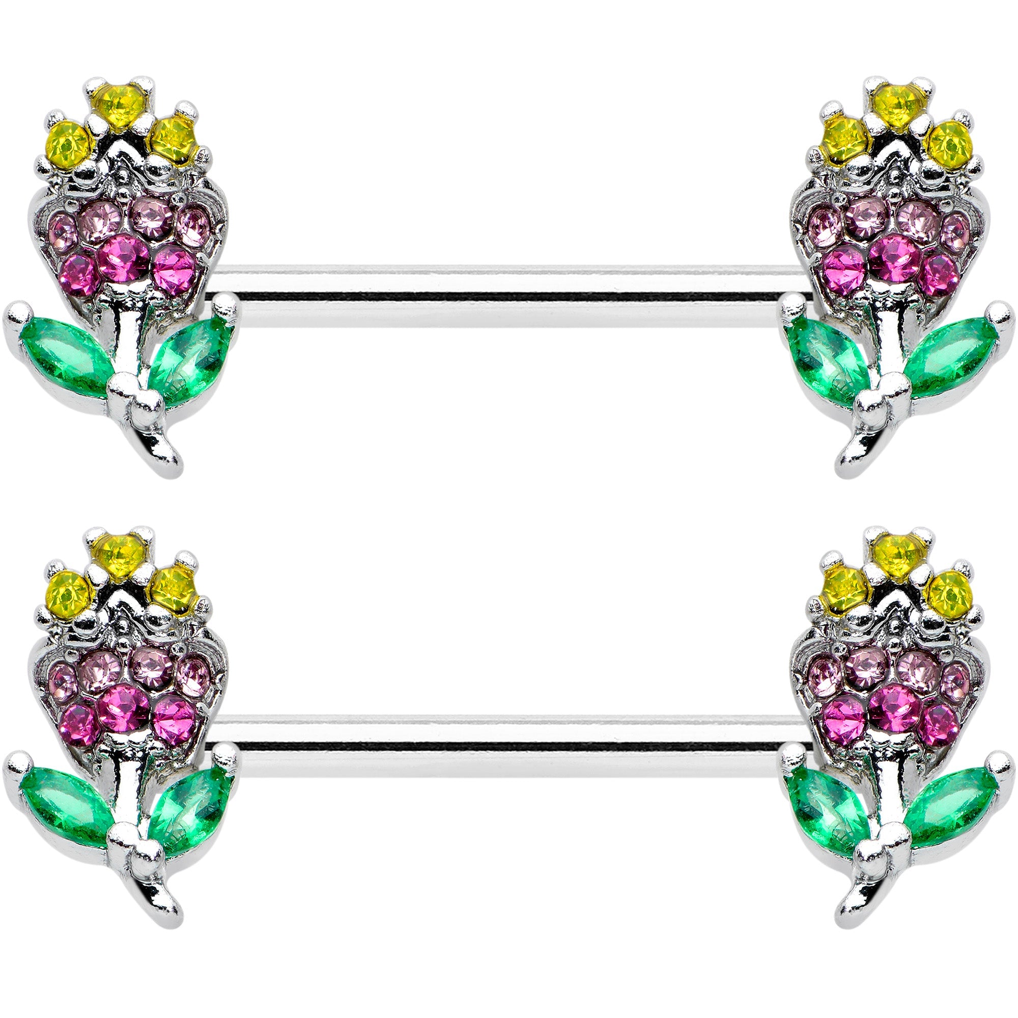 14G 9/16 Green Pink Gem Mardi Gras Flower Barbell Nipple Ring Set
