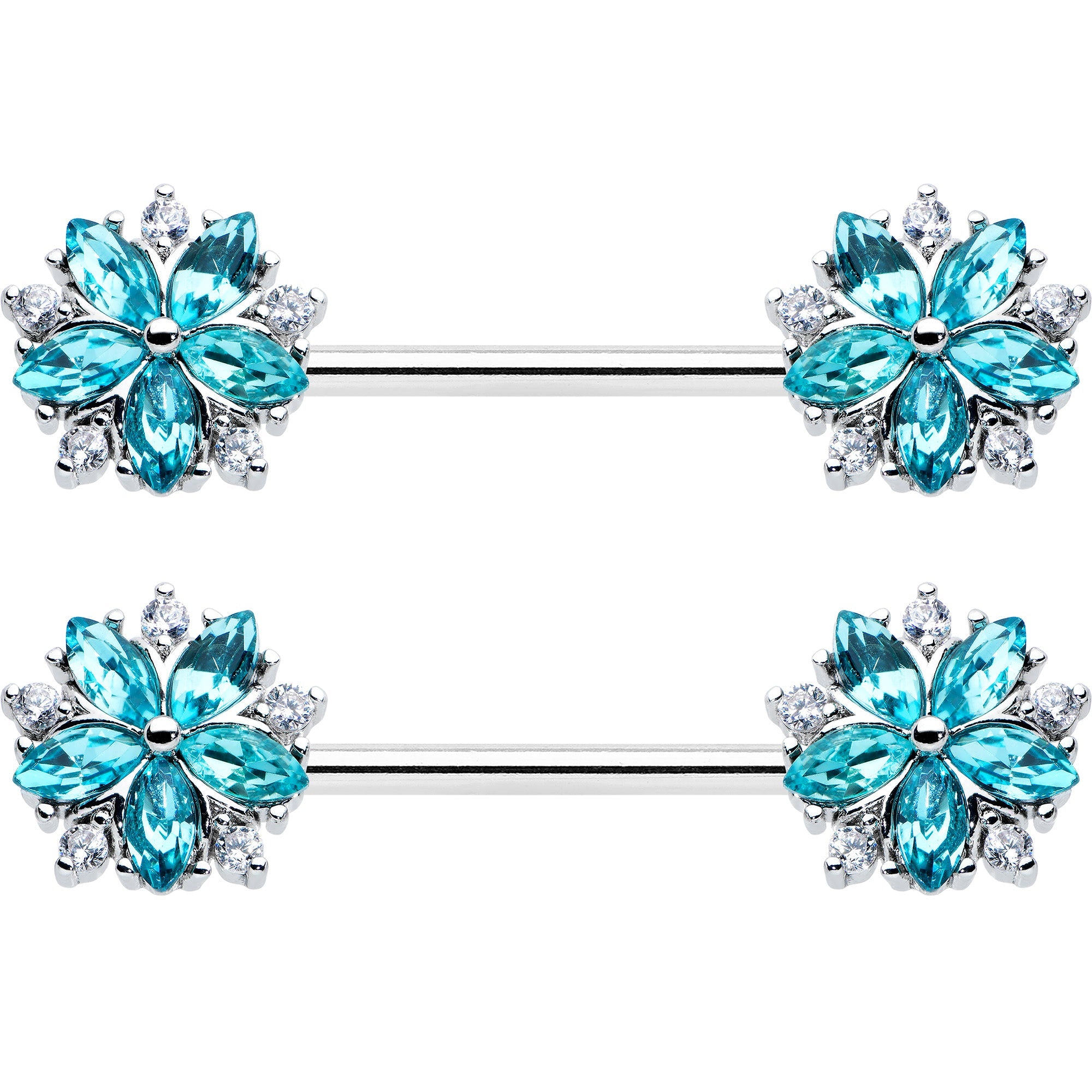 14G 9/16 Blue CZ Gem Floral Burst Barbell Nipple Ring Set