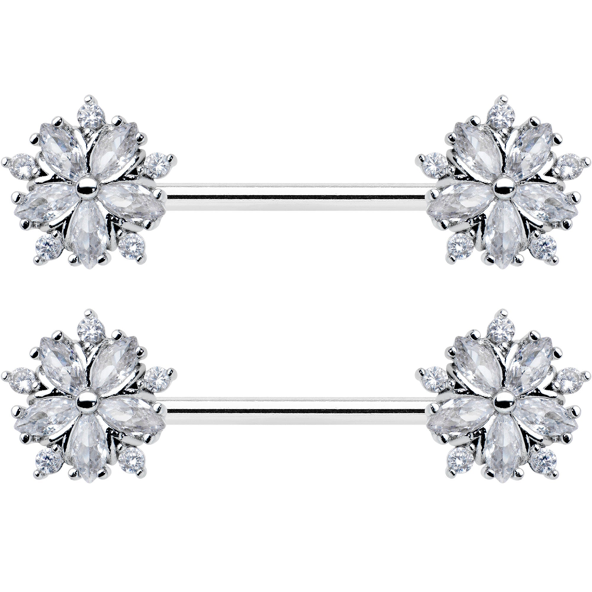 14G 9/16 Clear CZ Gem Floral Burst Barbell Nipple Ring Set