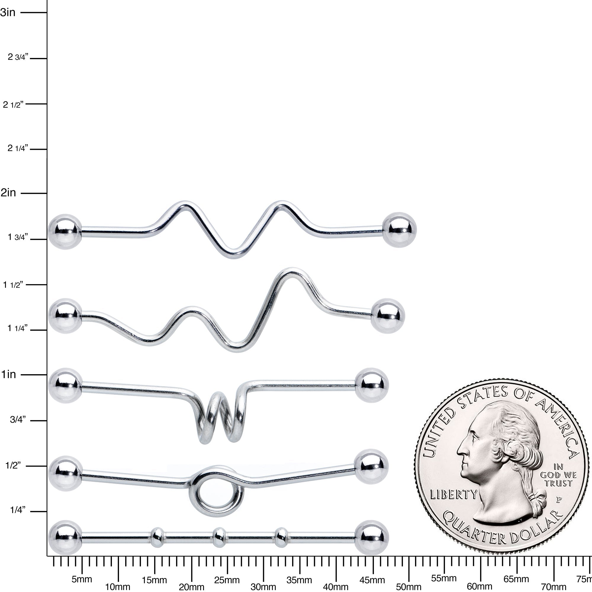 14G Loops Waves Industrial Project Bar 40mm Set of 5