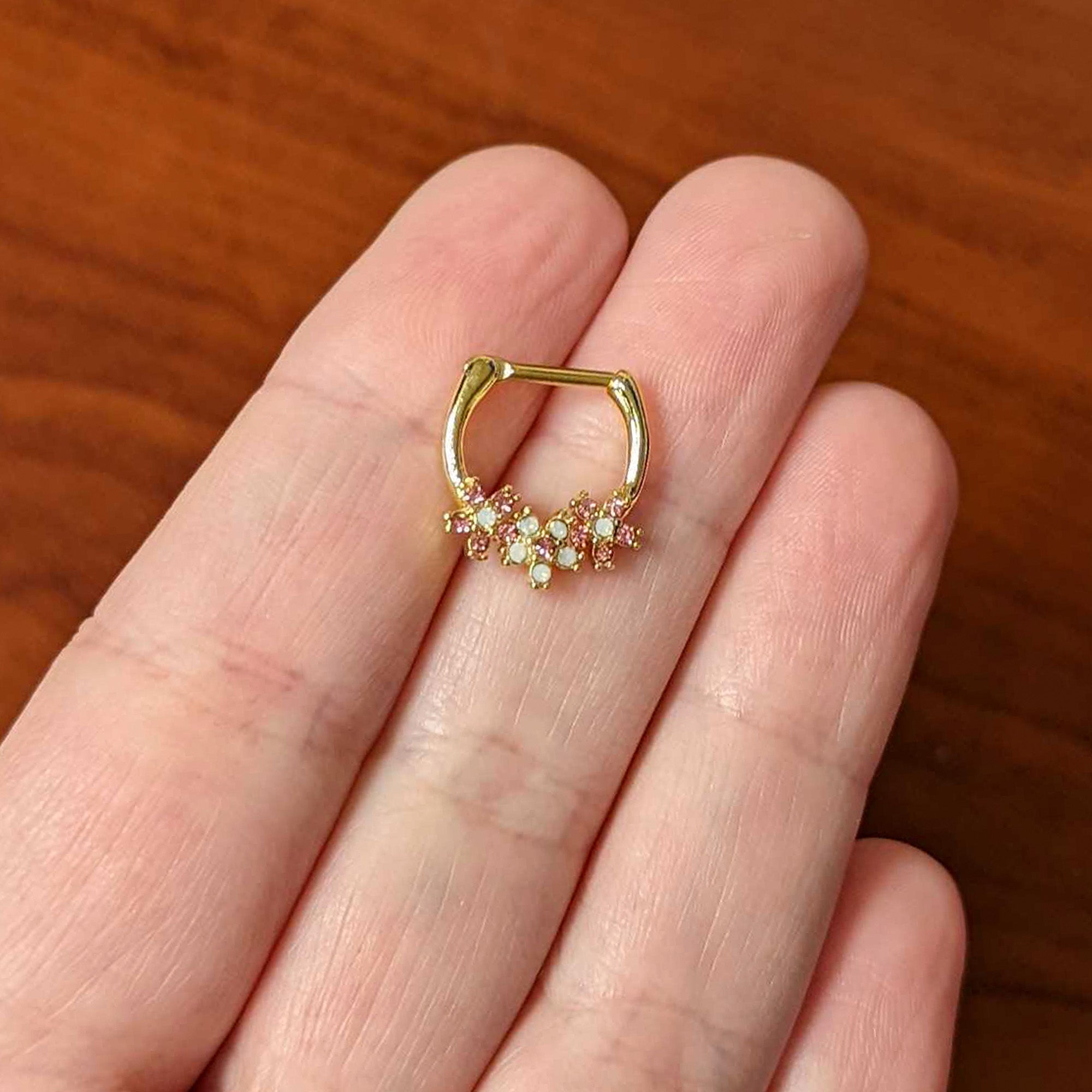 16G 5/16 White Faux Opal Gold Hue Bunch Flowers Cartilage Clicker