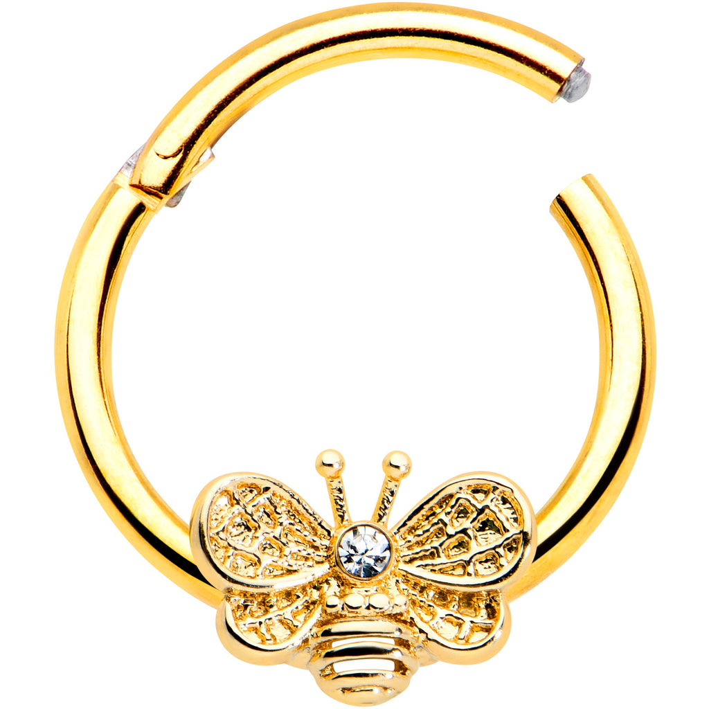 16G 3/8 Clear Gem Gold Tone Beauty Bee Hinged Circular Ring