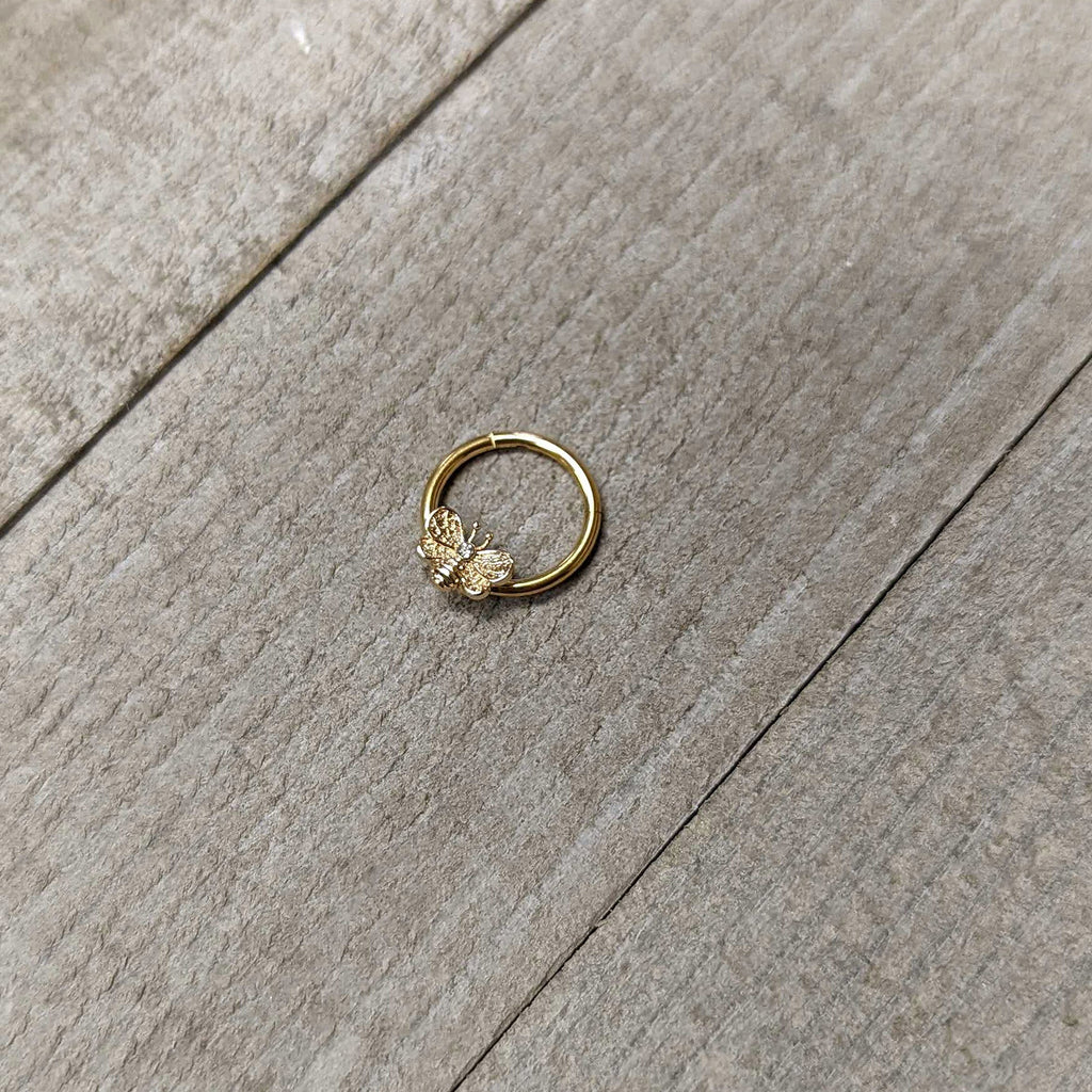 16G 3/8 Clear Gem Gold Tone Beauty Bee Hinged Circular Ring