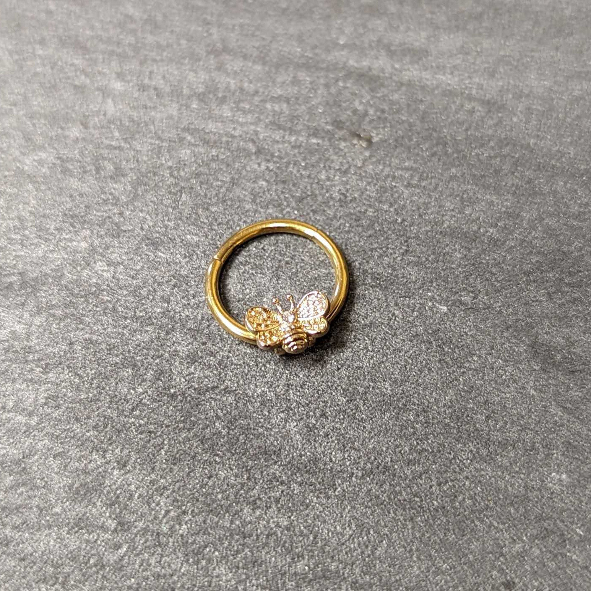 16G 3/8 Clear Gem Gold Tone Beauty Bee Hinged Circular Ring