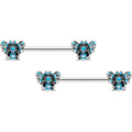 14G 9/16 Textured Blue Butterfly Barbell Nipple Ring Set