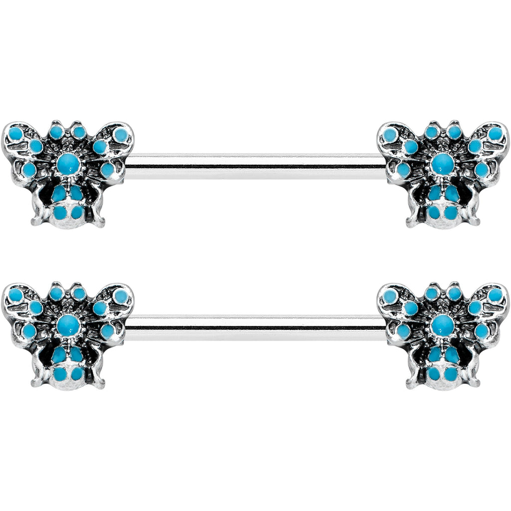 14G 9/16 Textured Blue Butterfly Barbell Nipple Ring Set
