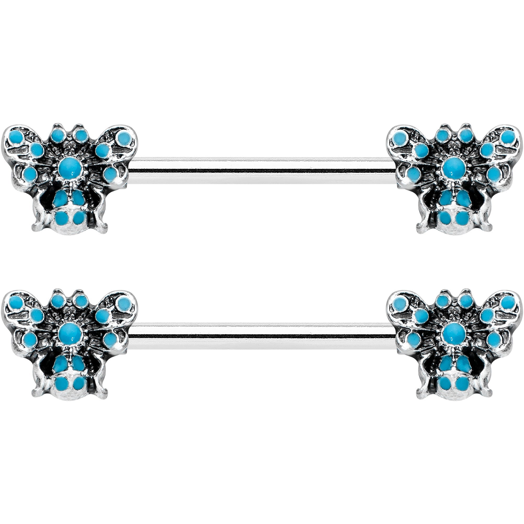 14G 9/16 Textured Blue Butterfly Barbell Nipple Ring Set