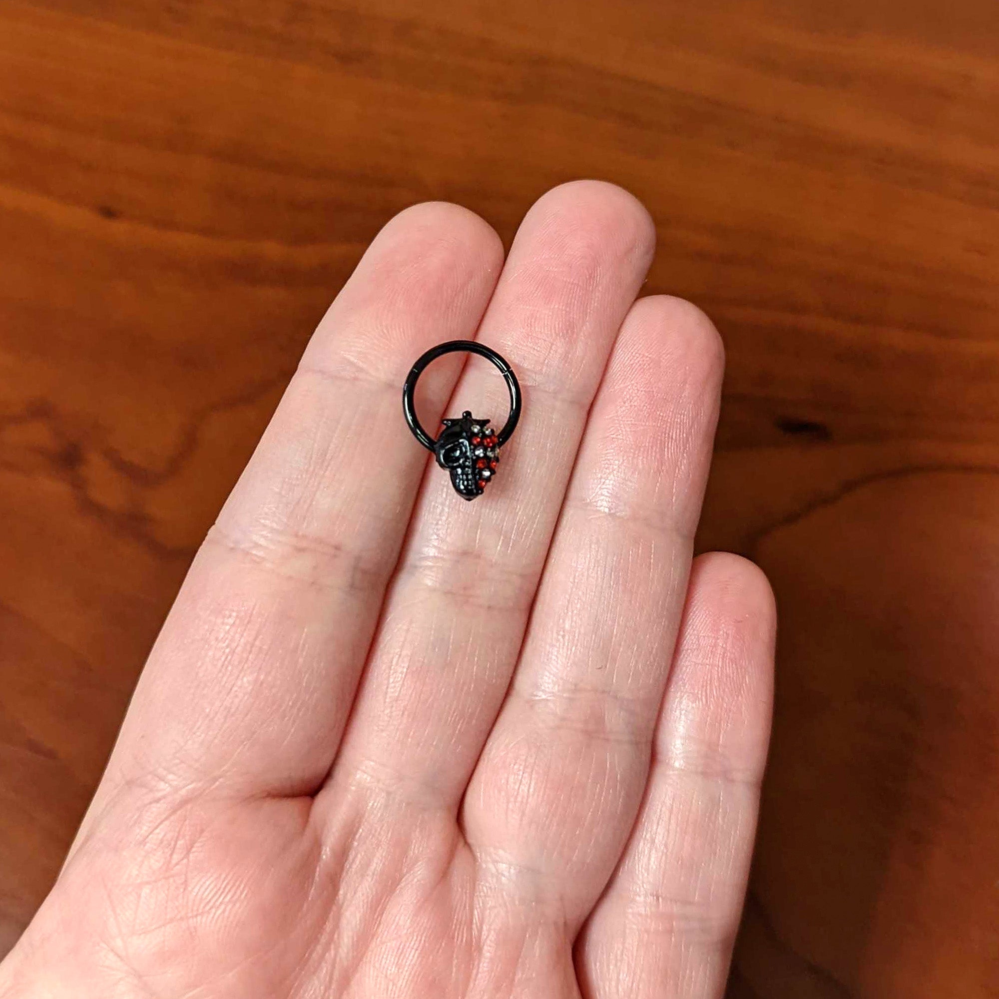 16G 3/8 Clear Red Gem Black Skull Halloween Hinged Segment Ring