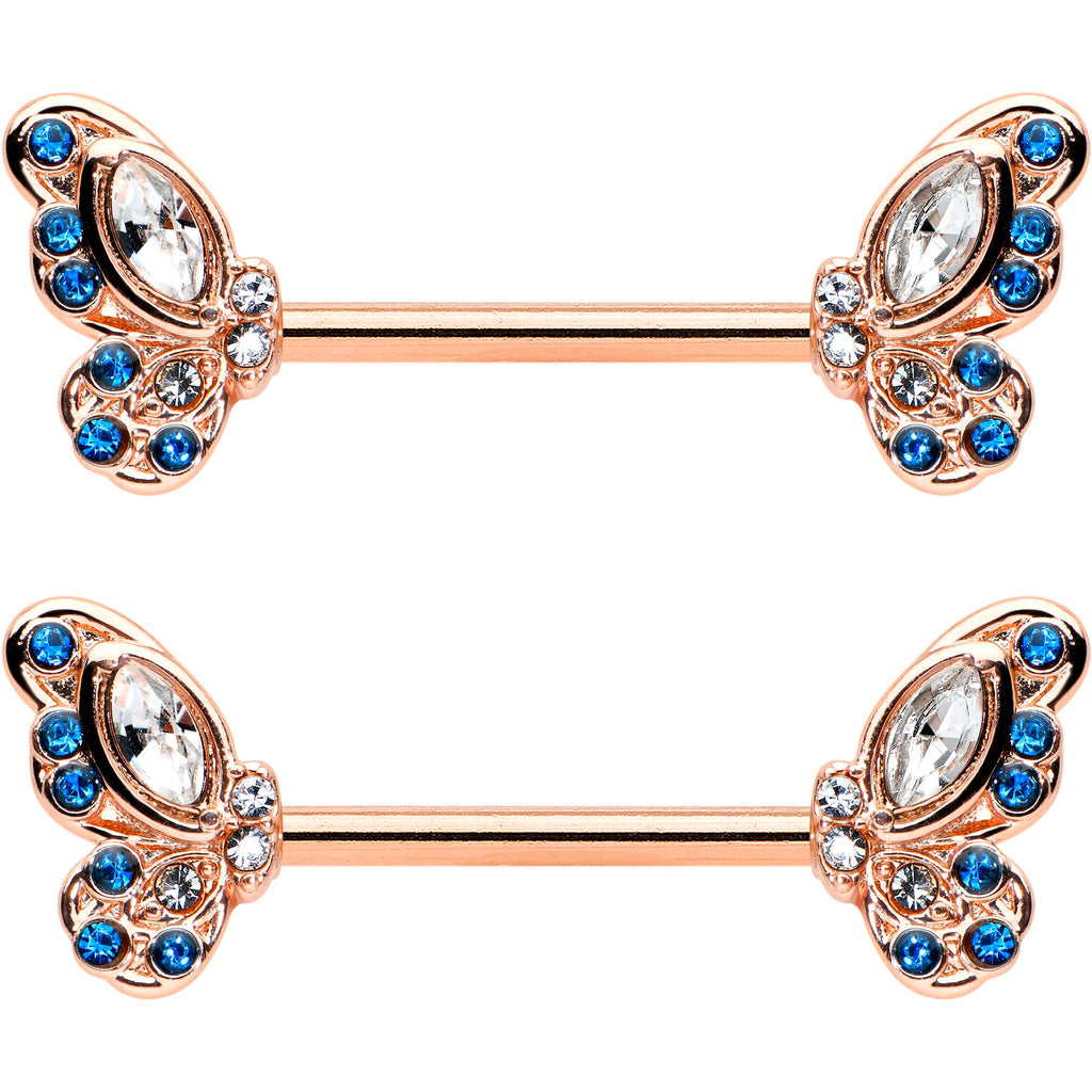 14G 9/16 Clear Blue Gem Rosy Tone Butterfly Wing Nipple Ring Set