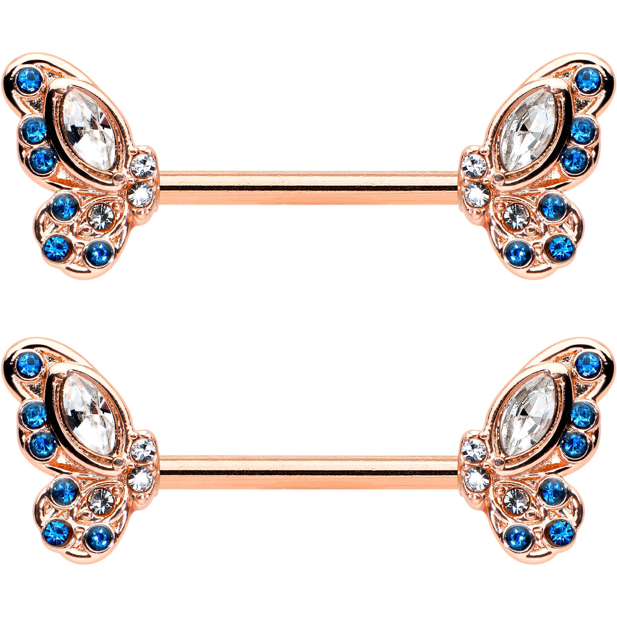 14G 9/16 Clear Blue Gem Rosy Tone Butterfly Wing Nipple Ring Set