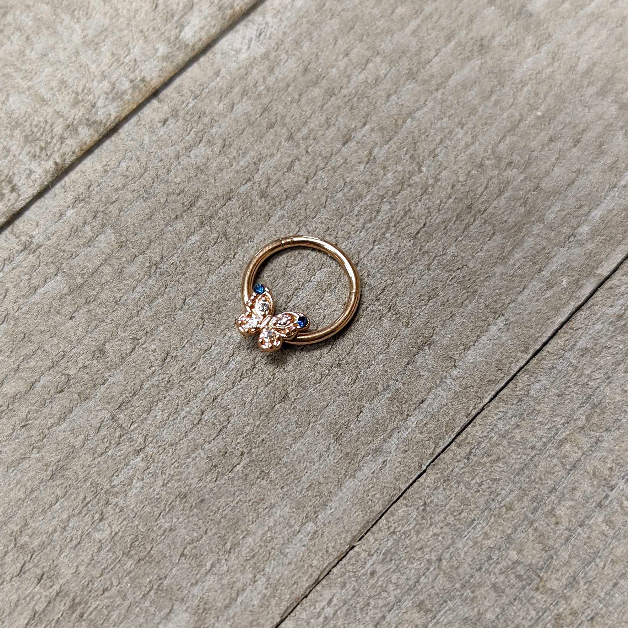 16G 3/8 Blue Gem Rose Gold Tone Butterfly Hinged Segment Ring