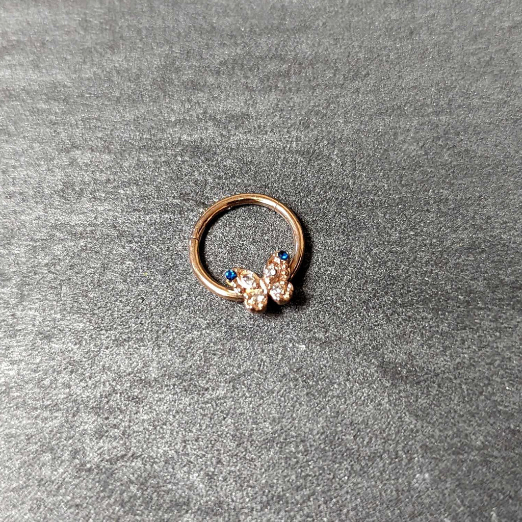 16G 3/8 Blue Gem Rose Gold Tone Butterfly Hinged Segment Ring