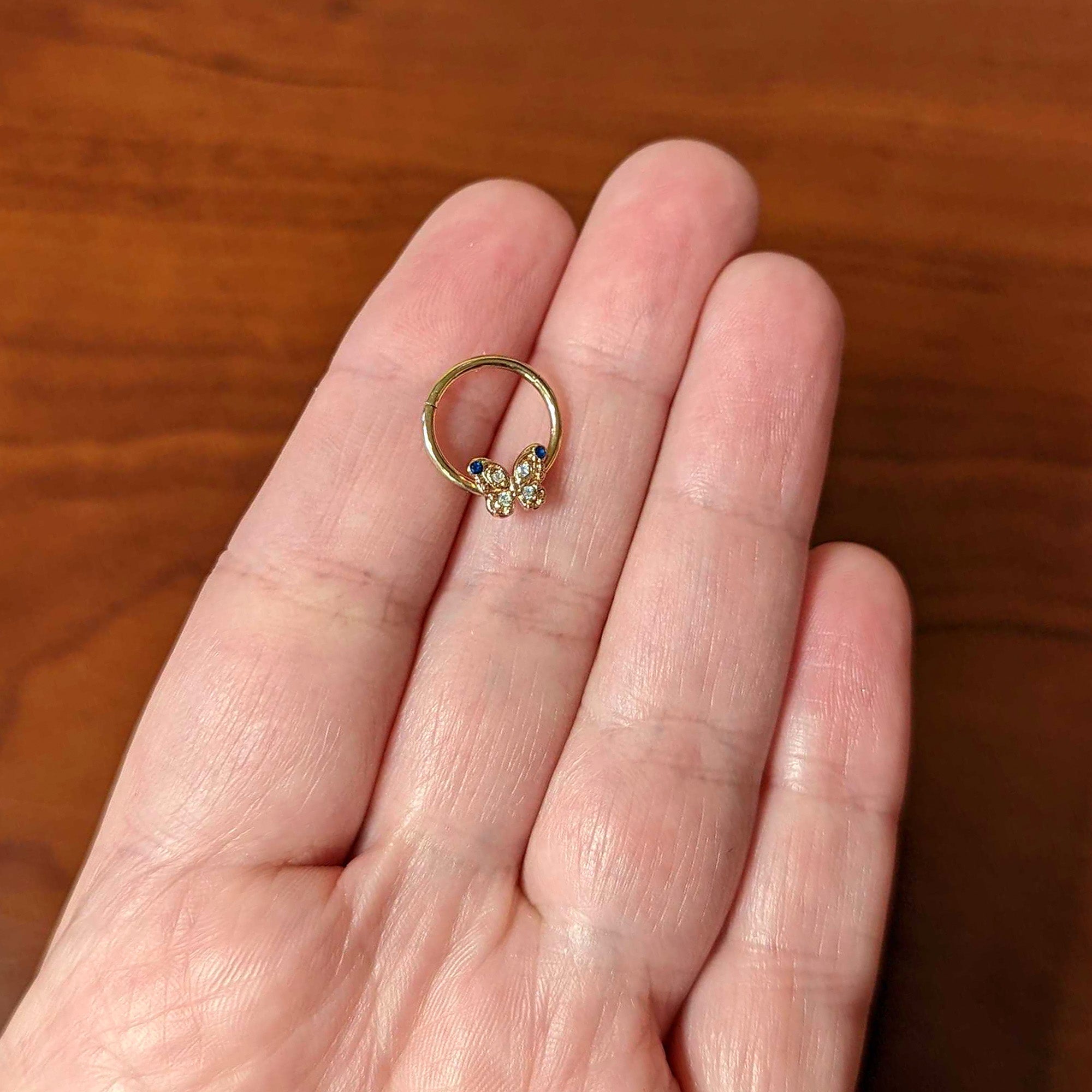 16G 3/8 Blue Gem Rose Gold Tone Butterfly Hinged Segment Ring