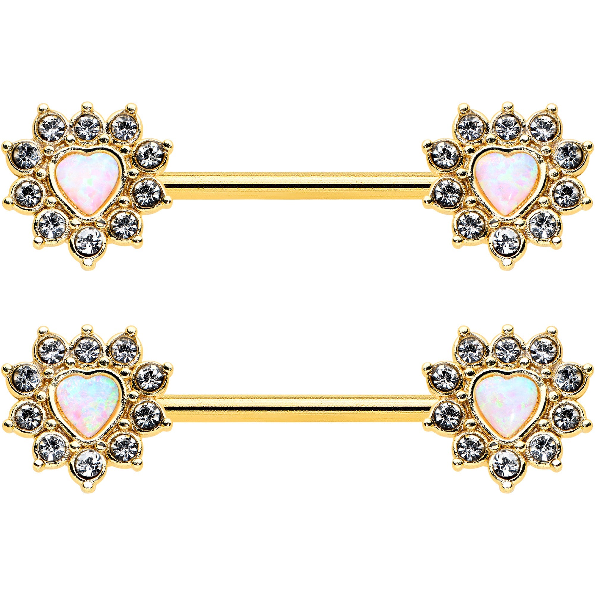 14G 9/16 White Synthetic Opal Gold Tone Sun Heart Nipple Ring Set