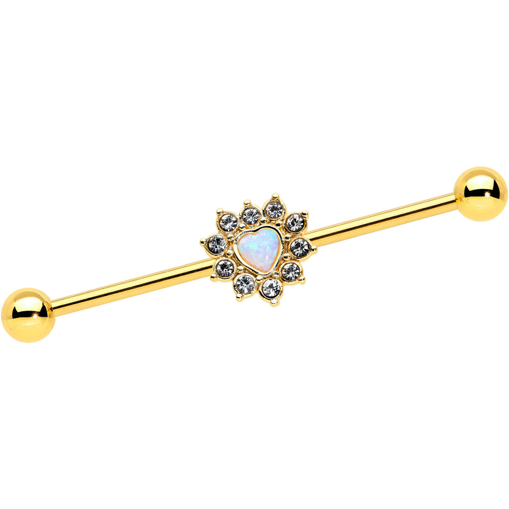 14G White Synth Opal Gold Tone Sun Heart Industrial Barbell 38mm