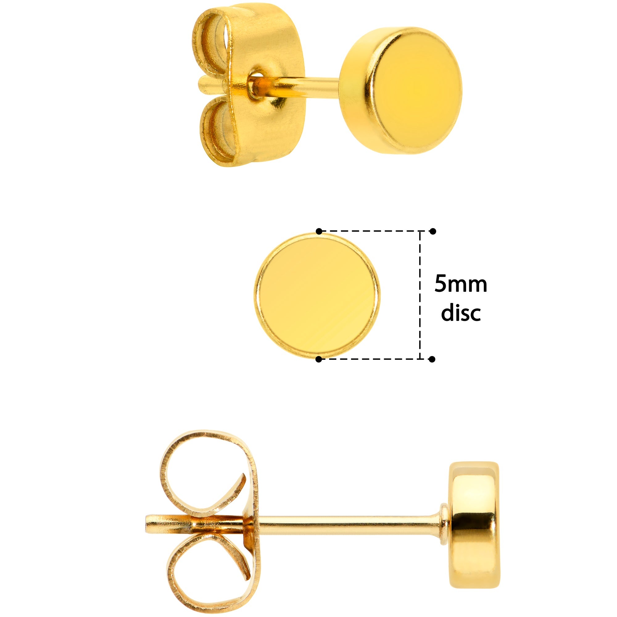 3mm 4mm 5mm Circle Gold Tone 316L Stainless Steel Stud Earrings 3 Pack