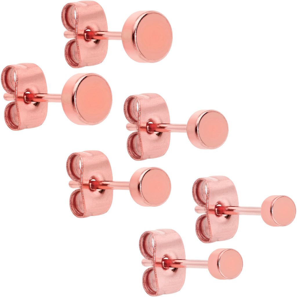 20G Rose Gold PVD Stainless Steel Flat Disc Stud Earrings Set of 6